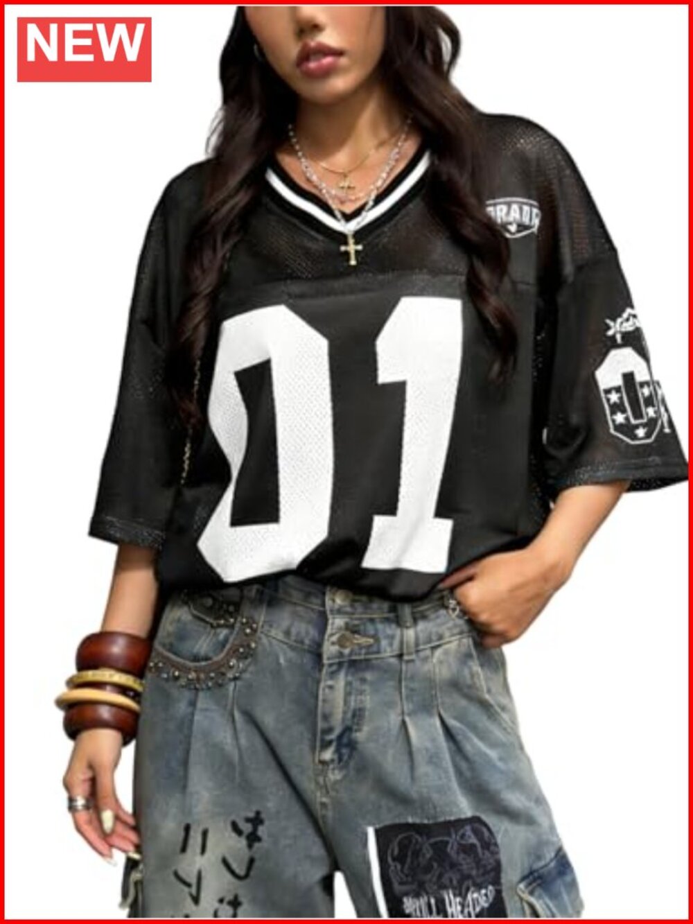 Oversized Y2k Graphic Jersey Tee V-Neck Half Sleeve Drop Shoulder